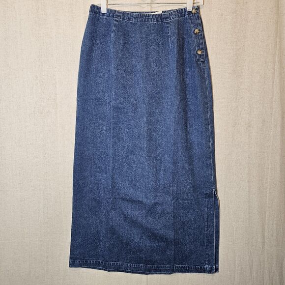 VTG Eddie Bauer Pencil Skirt Denim Jean Size 10 Modest Side Button Slit Flat - Picture 1 of 8